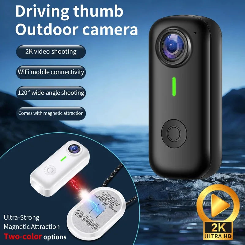 Pocket 2K Mini Magnetic Wearable Action Camera 120 Degree Wide Angle WIFI Hands Free Thumb Cam for Cycling Vlog Outdoor Recording
