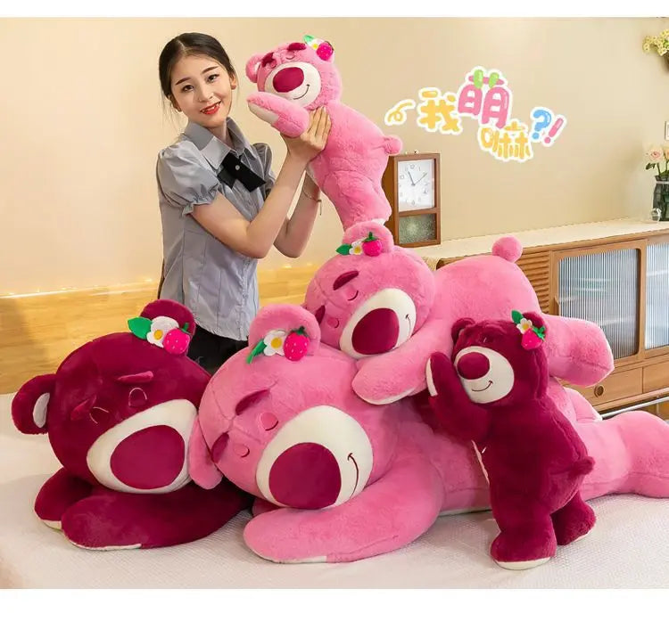 Kawaii Strawberry Bear Plush Stuffed Animal Lying Down Pillow