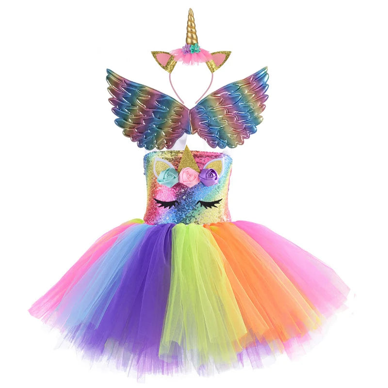 Rainbow Unicorn Princess Dress with Angel Wings Party Costume