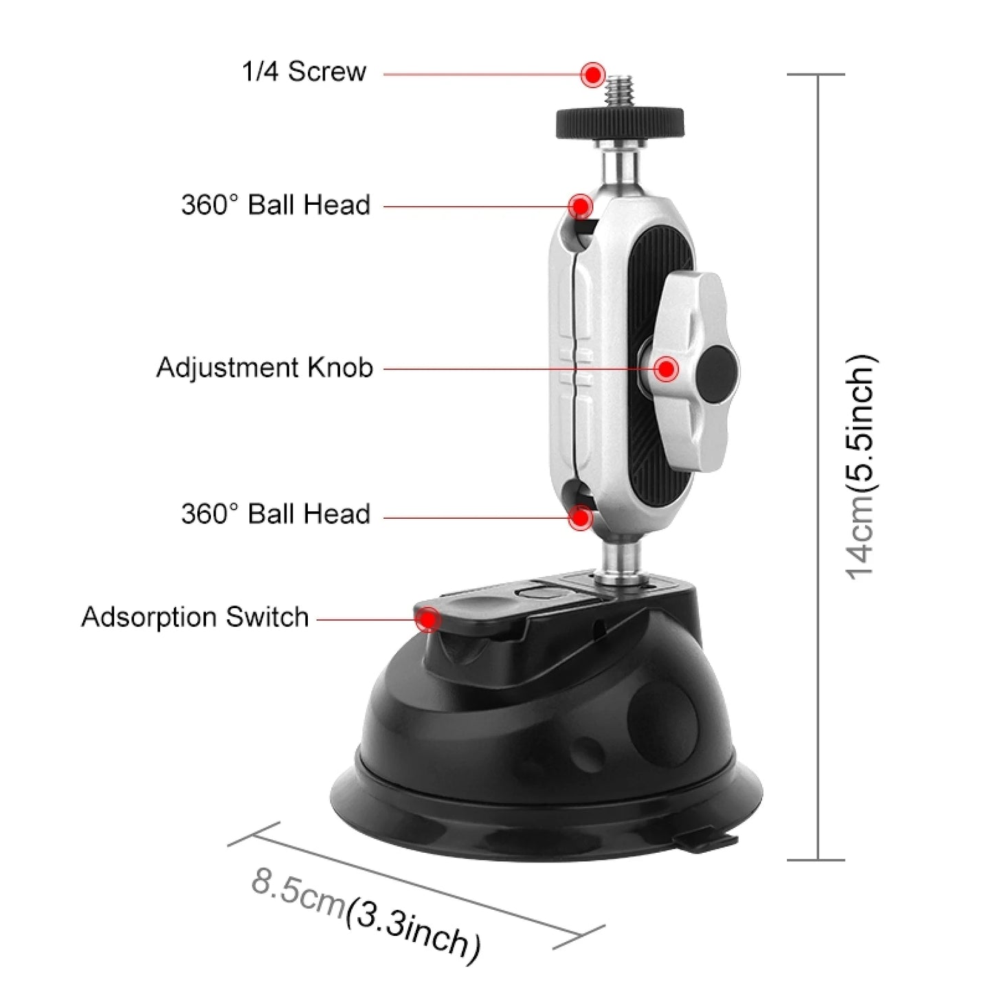 Car Suction Cup Arm Mount with Phone Clamp & Mount Adapter & Long Screw for Gopro Sports Cameras for iPhone Smartphones