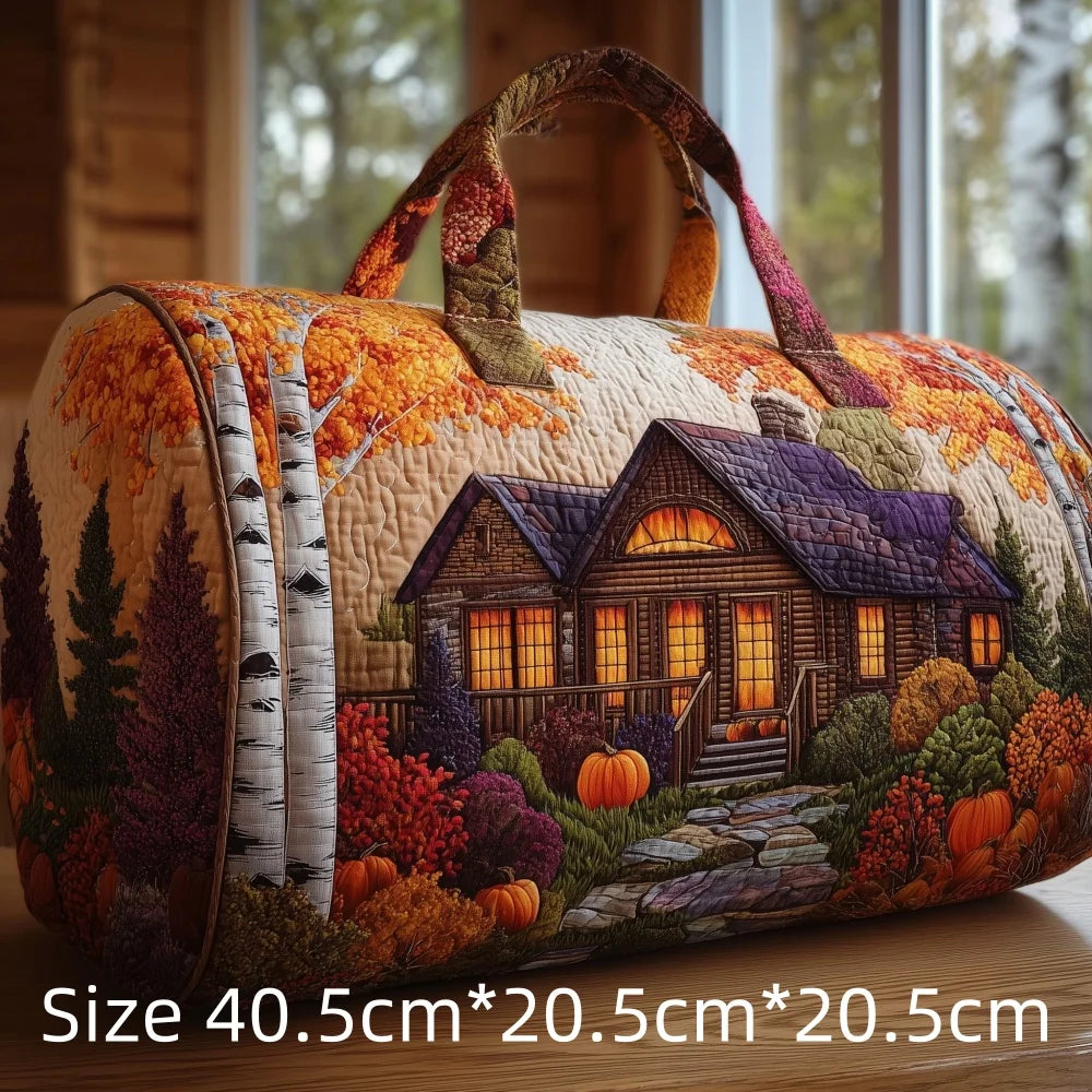 3D Print Quilted Travel Bag Autumn Mountain Forest Cabin Tote Weekender Duffle for Women Men Vintage Nature Landscape Hangbag