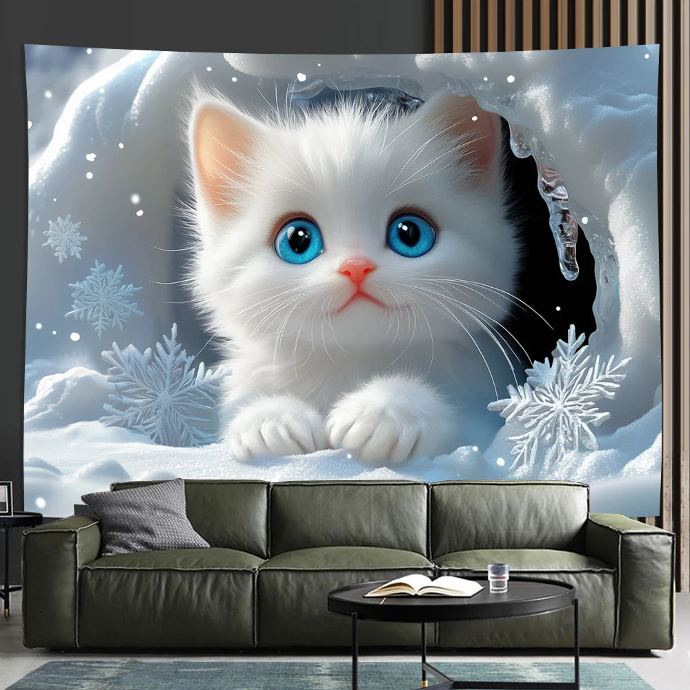 Snow Scenery Plush Cat Tapestry Nordic Style Snow Blue White Living Room Sofa Background Wall Room Decoration