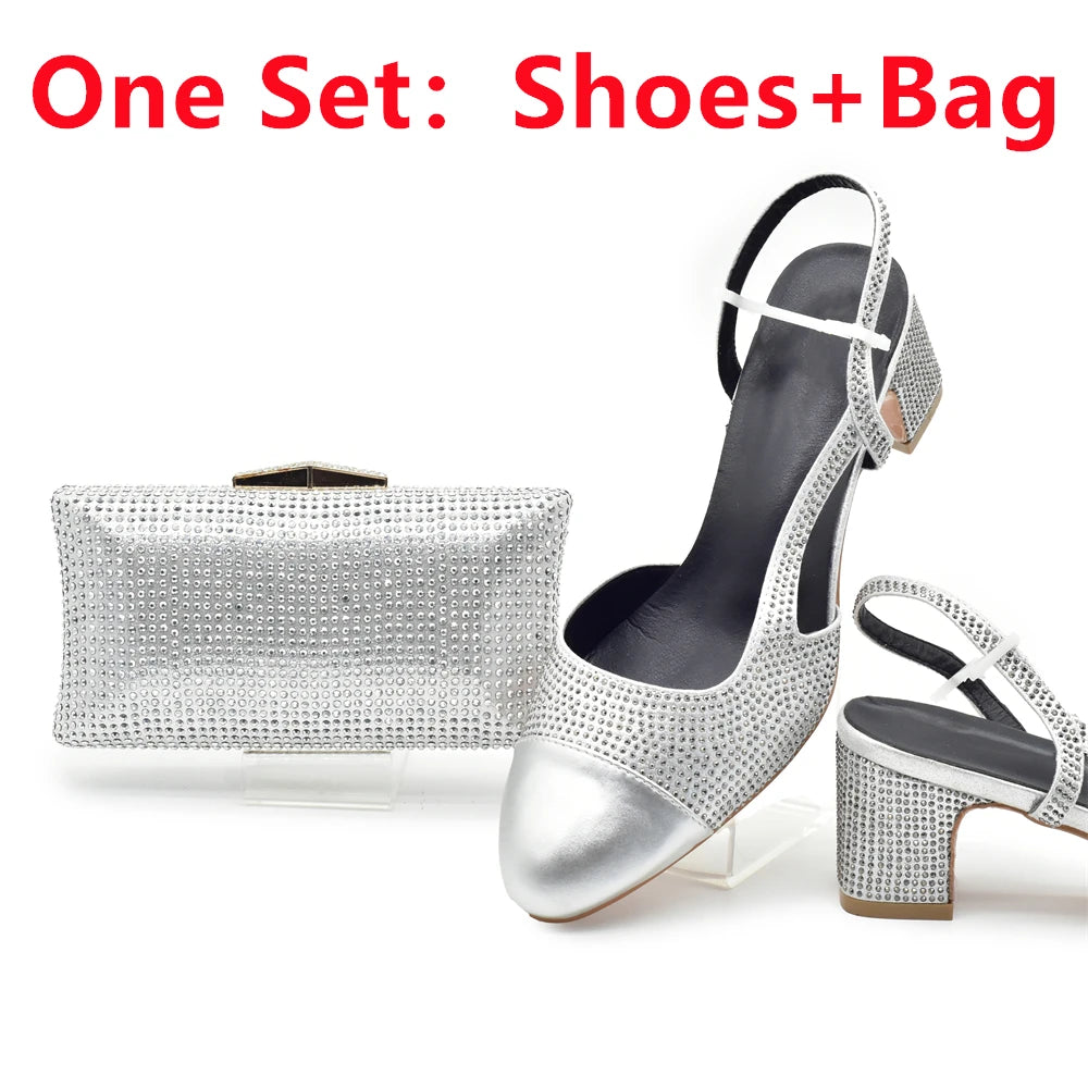 Silver Shoe and Bag Set for Party in Women Shoes and Bags Set for Women Italian African Women Wedding Shoes with Rhinestone