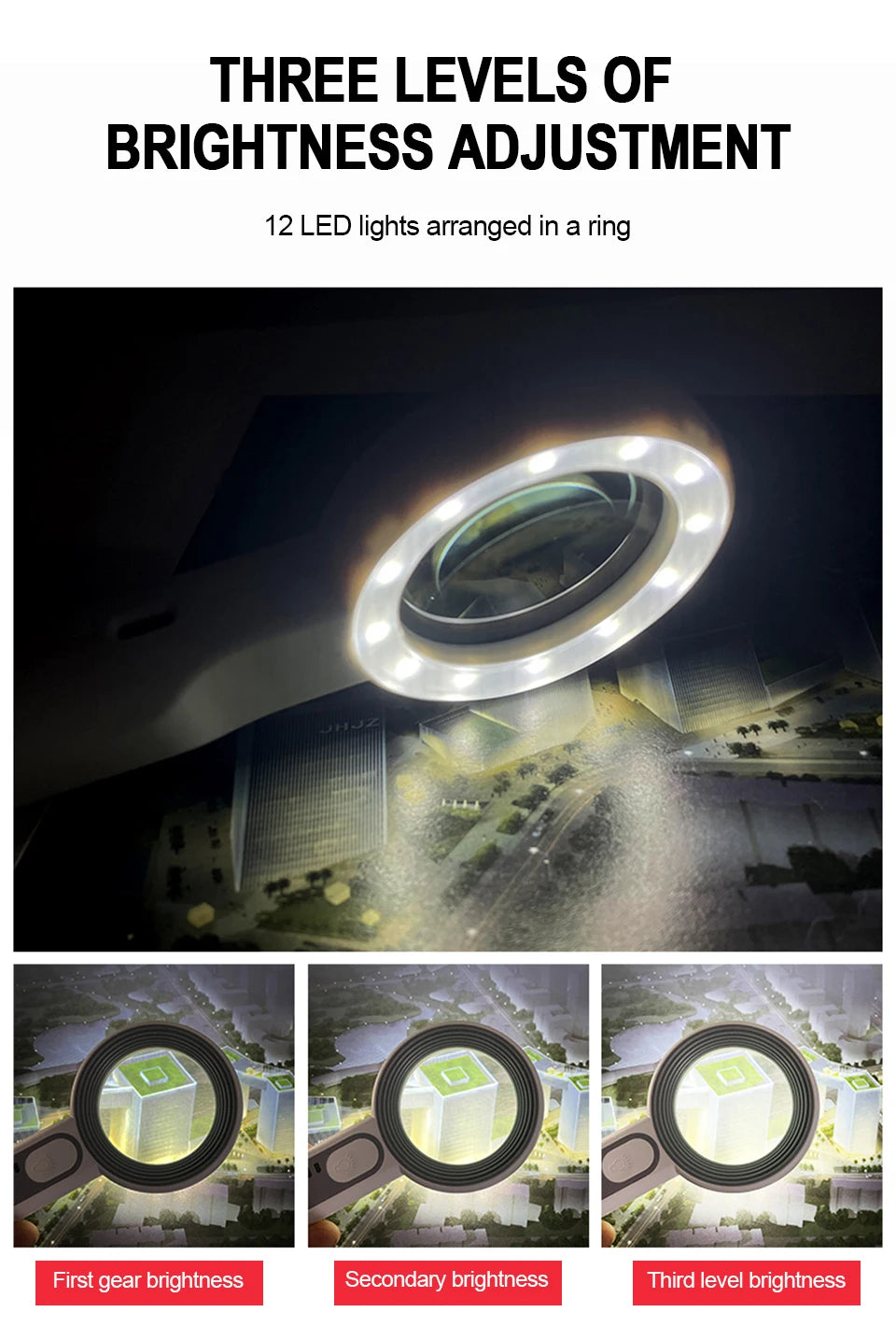 Rechargeable LED Magnifier 5X–12X Handheld with 3 Light Modes