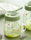600/780ml Grass Pattern Mug With Straw And Lid Glass Tumbler With Graduated Heat Resistant Cup For Coffee Milk Drinkware