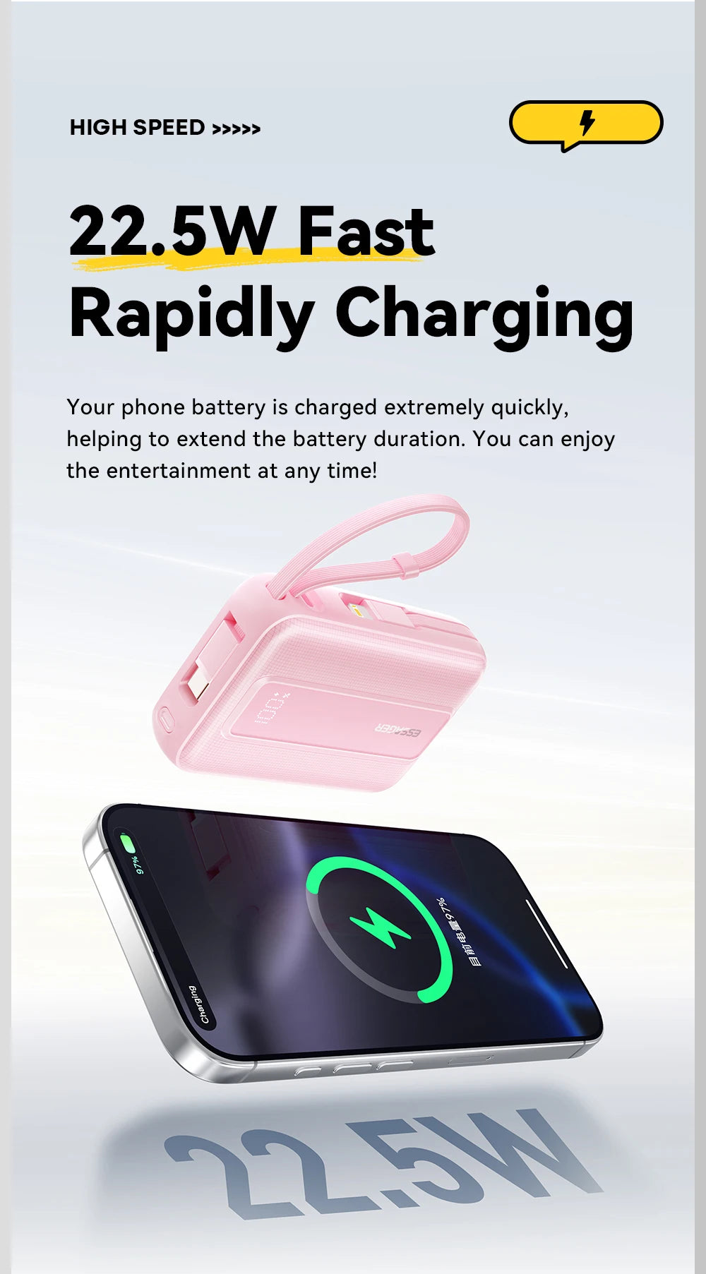 20000mAh Mini Power Bank 22.5W PD Fast Charging Portable Charger with Built-in Cables & Digital Display