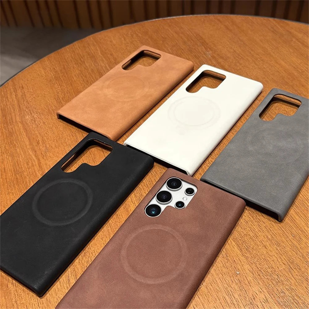 Luxury Leather  For MagSafe Wireless Charging Phone Case For Samsung S23 S24 S25 Ultra Lambskin Solid Color Hard Cover