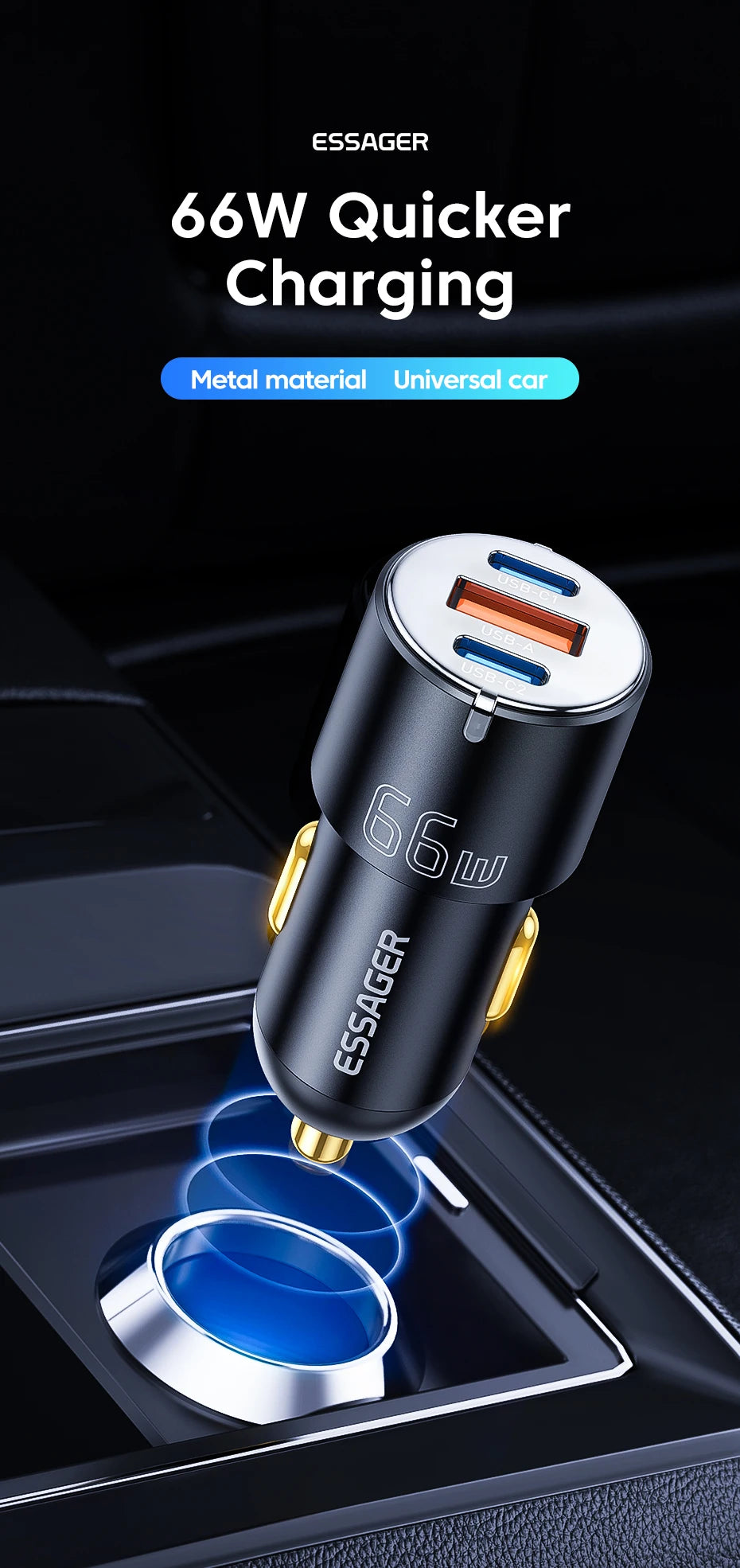 66W USB-C + USB-A Fast Car Charger (PD + QC 3.0)