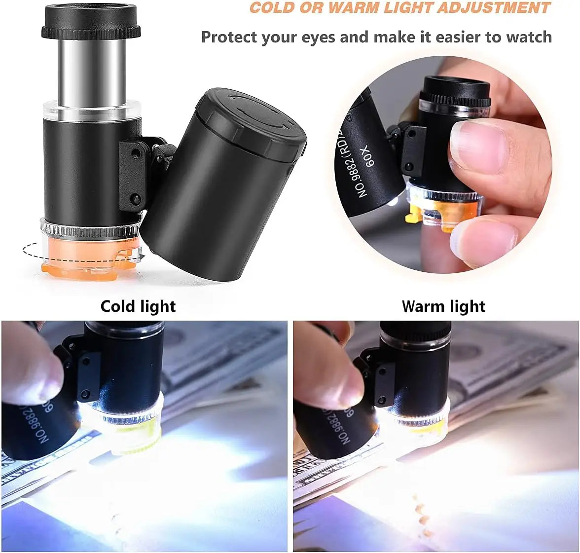 60X Mini Pocket Microscope LED UV Jewelry Loupe Magnifier