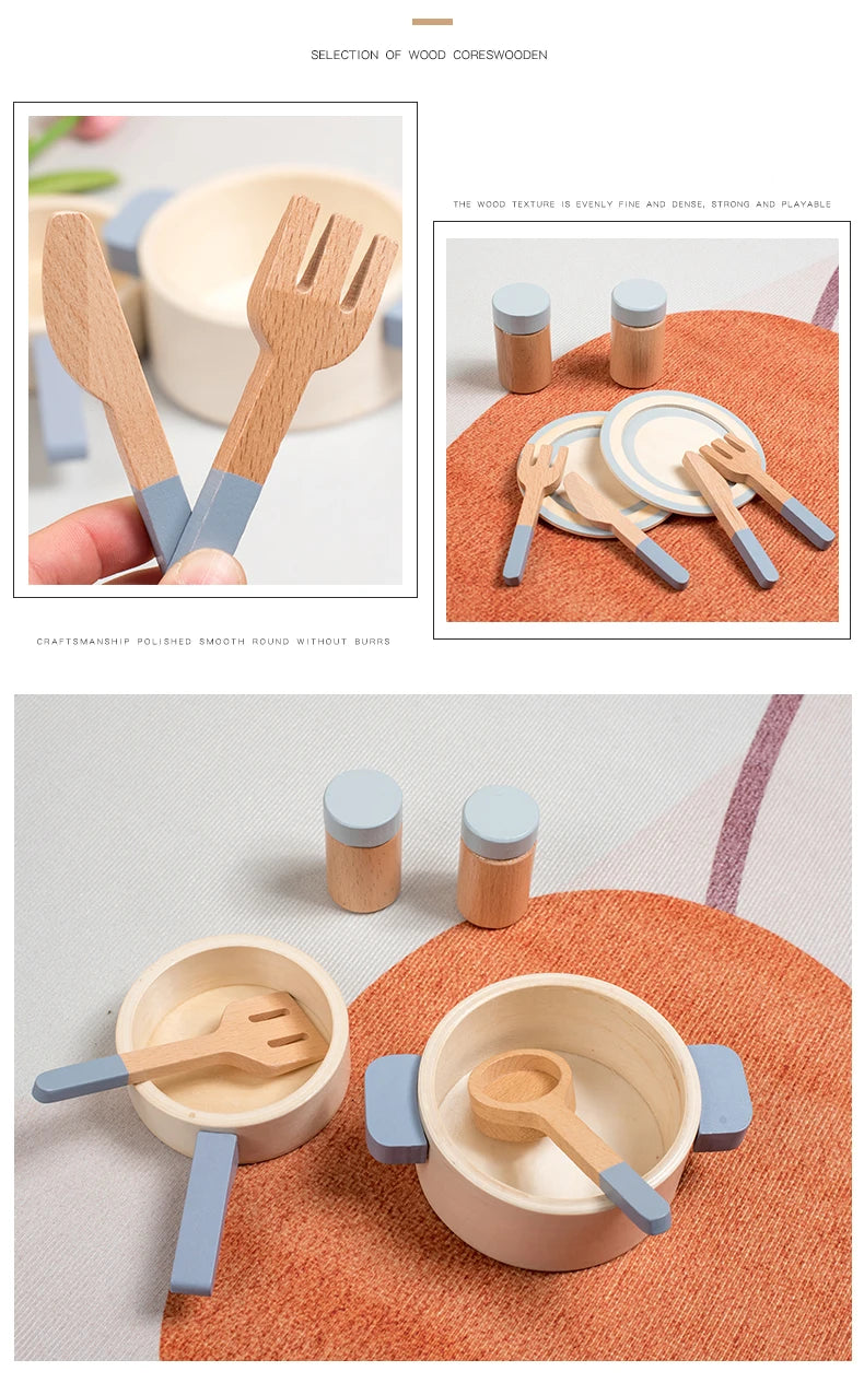 Wooden Pretend Play Kitchen Set with Pots Pans and Utensils