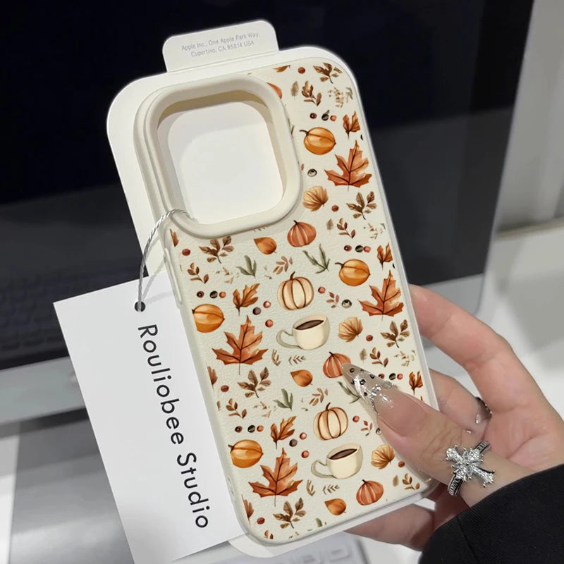 Autumn Pumpkin Coffee Lechee Silicone Phone Case For iPhone 17 16 15 14 1 17 Air Shockproof Cover