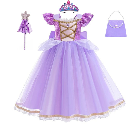 Purple Puff Sleeve Princess Ball Gown with Lace and Sequins