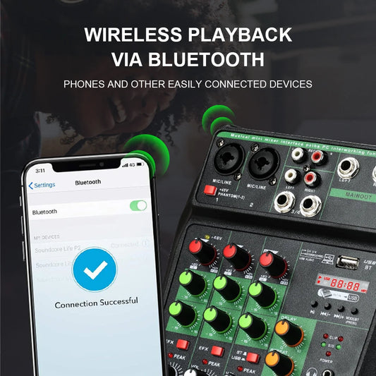 A4 4 Channel Audio Mixer With Bluetooth 48V Phantom Power And Monitoring