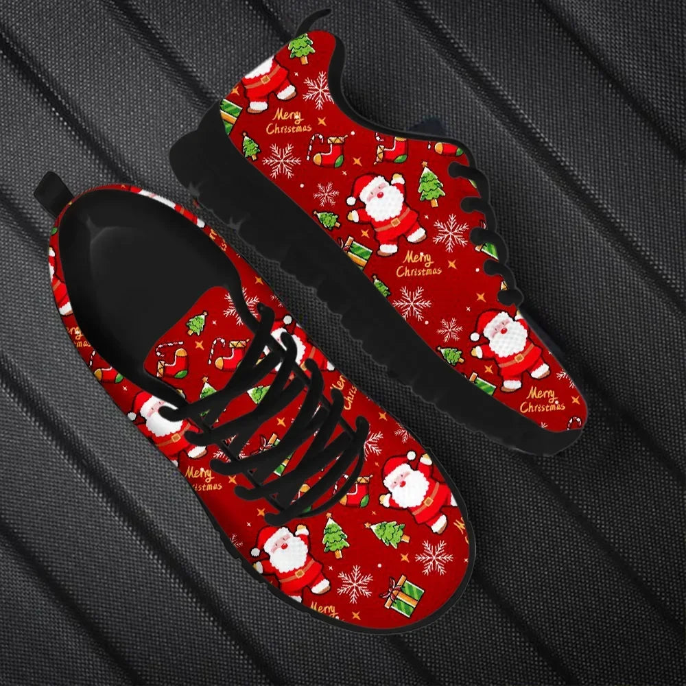 Wear-Resistant Casual Sneakers Santa Claus Snowflake Pattern Lace up Flat Shoes Women Mens Tennis Christmas Gifts