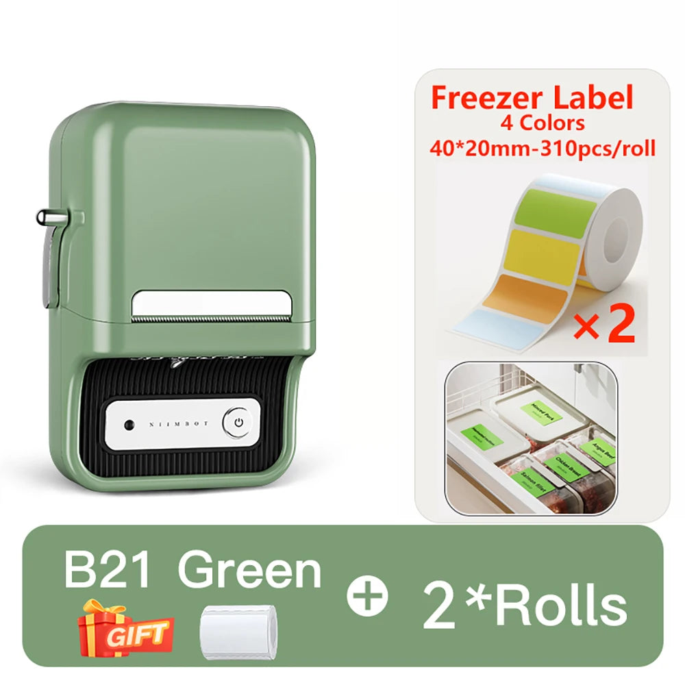 B21 Kitchen Label Printer, Bluetooth Wireless Thermal Label Maker 20–50mm, Inkless Freezer Sticker Printer for Home & Food Storage