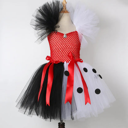 Girls Halloween Cruella Cosplay Costumes Girls Party Tutu Dress Black And White Tulle Frocks Kids Evil Role Playing Outfits