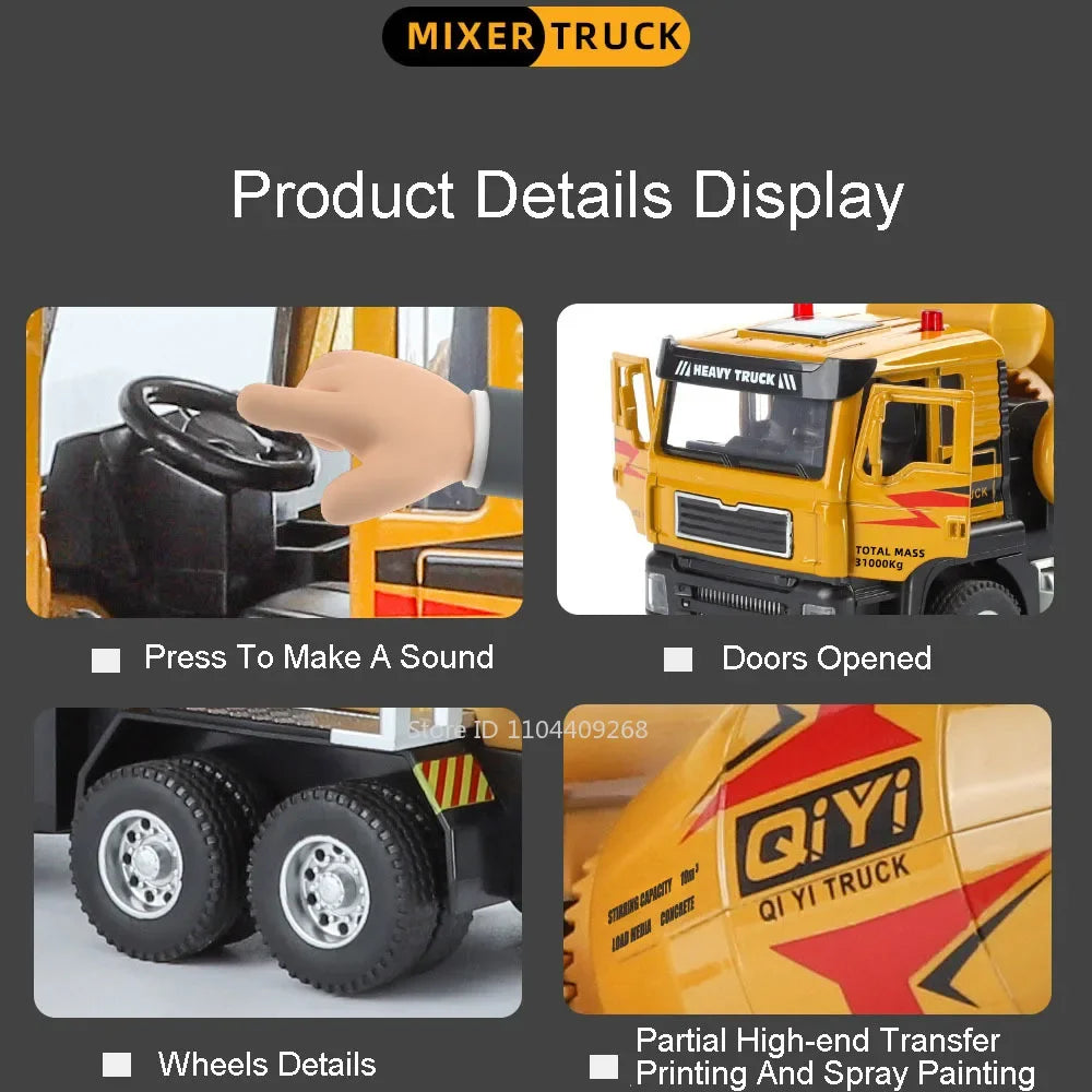 1:40 Electric Cement Mixer Truck Model Toy Alloy Diecast Sound Light Pull Back Engineering Vehicle Models for Boys Gifts