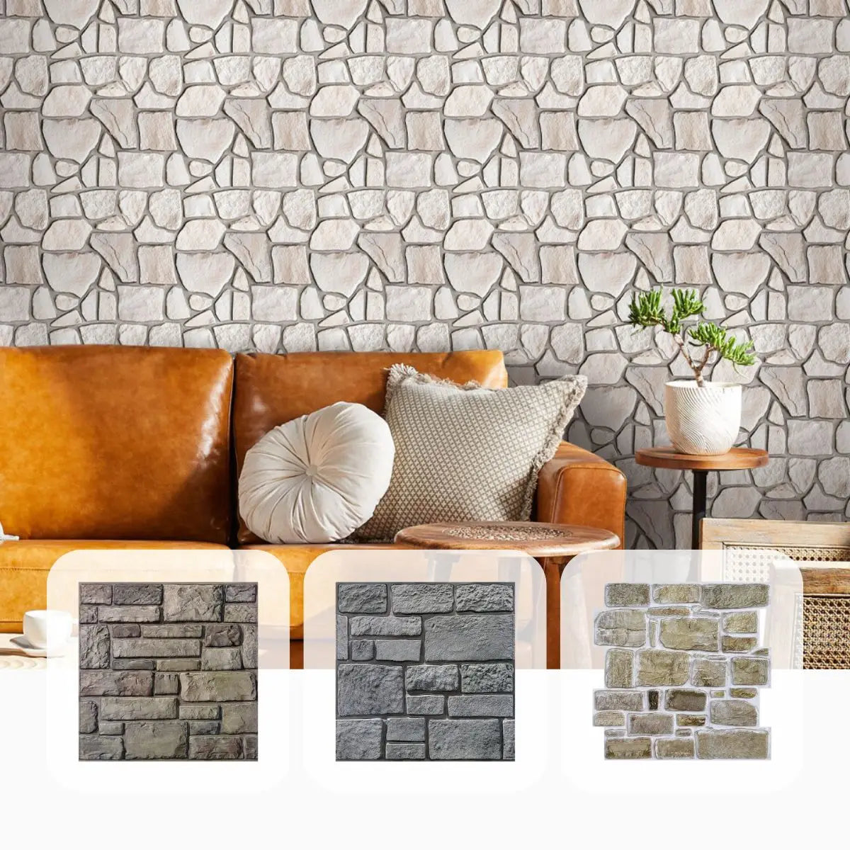 10pcs 3D Faux Stone Wall Panels, Self-adhesive Tile Stickers for Living Room, TV Background, Water and Mold Resistant, 30x30cm
