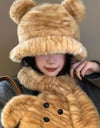 Tiger Printed Hat with Plush Scarf Cap Bear Ears Hat for Cold Weather Travel