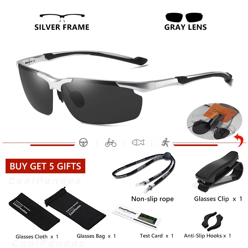 Aluminum Rimless Photochromic Polarized UV400 Day Night Driving Sunglasses for Men Women