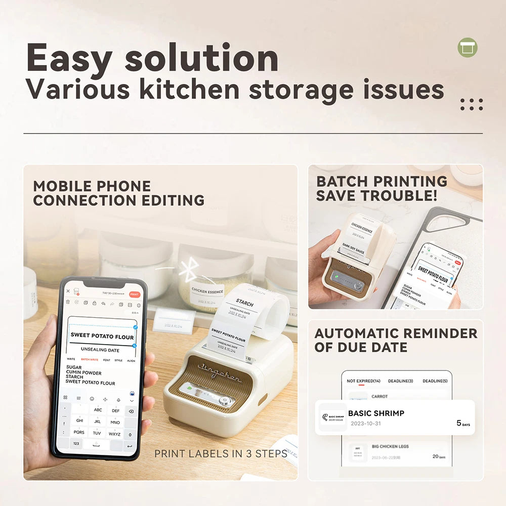 B21 Kitchen Label Printer, Bluetooth Wireless Thermal Label Maker 20–50mm, Inkless Freezer Sticker Printer for Home & Food Storage