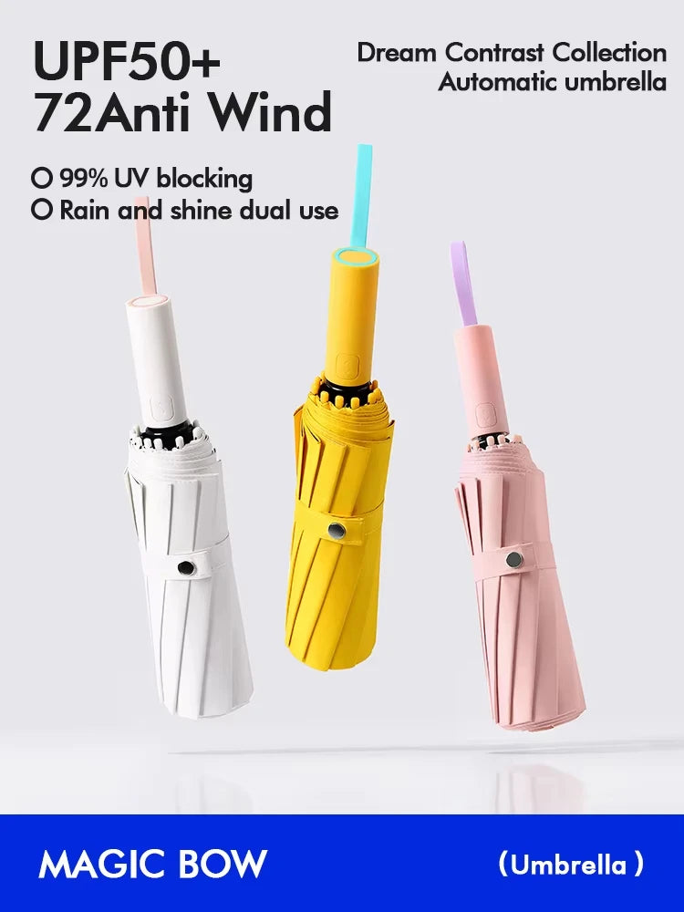Automatic 12 Rib Folding Umbrella Three Fold Sun Rain Windproof UV Protection Compact Travel Umbrella