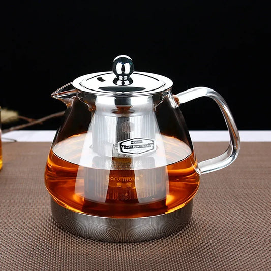 Heat Resistant Glass Teapot with Stainless Steel Filter Large Capacity Induction Kettle 1.2L