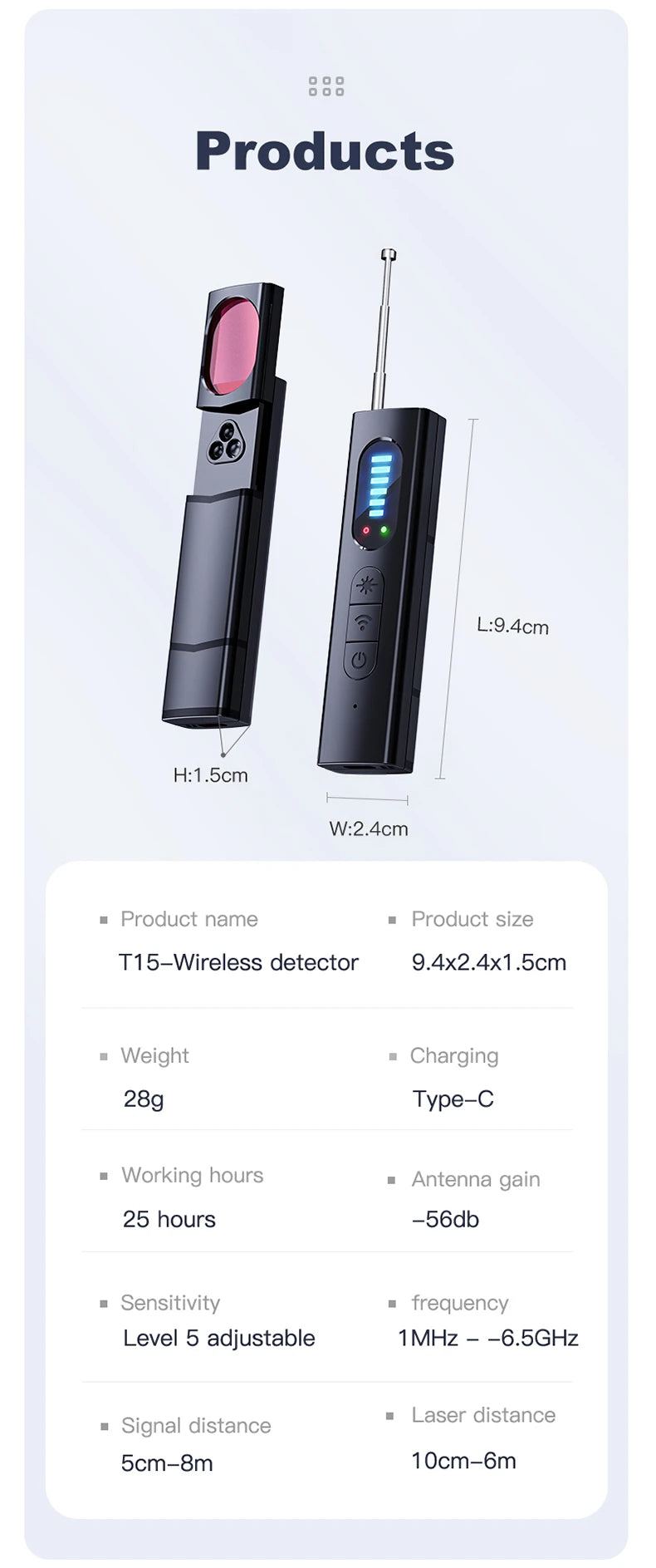 T18 hidden camera detector, camera detector, insect and hidden camera detector, RF signal scanner, home wireless charging, offic