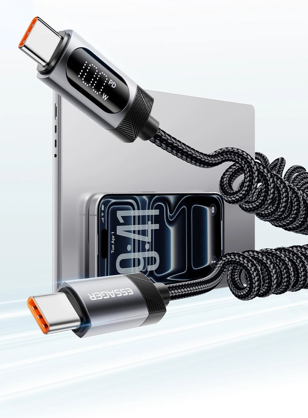 100W Retractable Spring USB-C to USB-C Fast Charging Cable