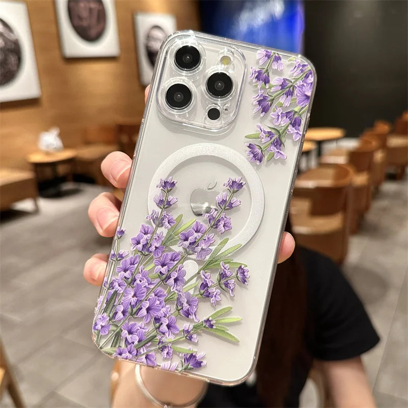 Floral Flower Transparent Magsafe  Phone Case iPhone 16 15 14 Pro Max 14 15 16 Plus Clear Wireless Charge Cover