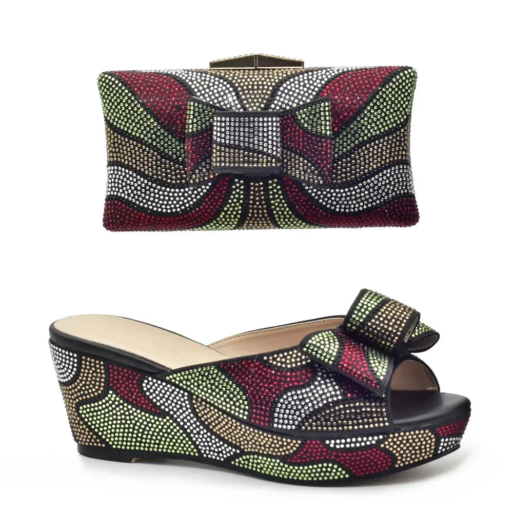 Design Italian Shoes and Bags Matching Set Decorate with Rhinestone Wedges Shoes for Women Luxury Round Toe Platform Shoes
