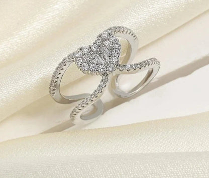 Exquisite Double Layer Cross Open Rings for Women Korean Fashion Heart Cubic Zircon Bridal Ring