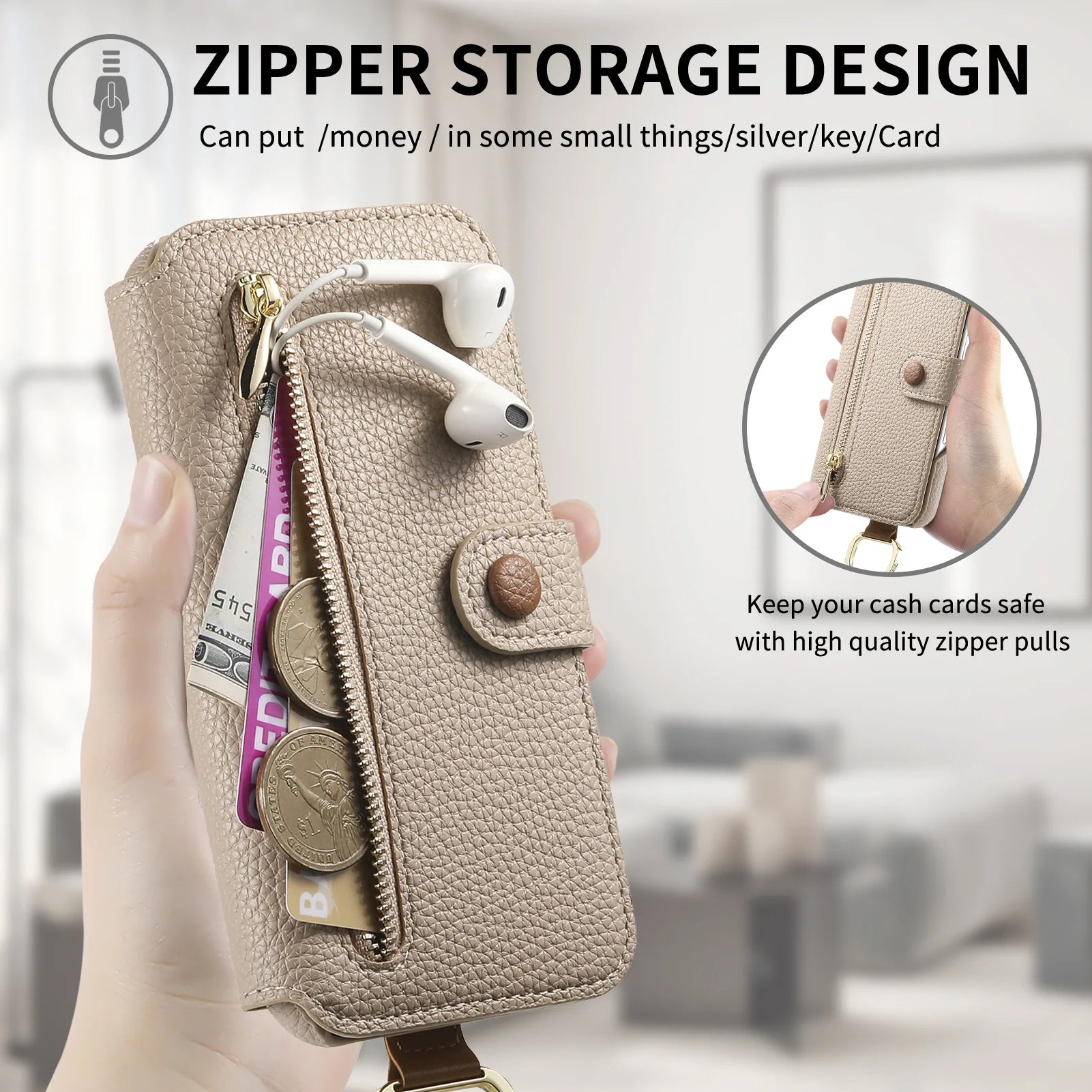 Wallet Flip Case for iPhone 16 15 Pro Max 14 Plus 16Pro 14Pro 15Pro Leather Strap Card Slots Zipper Cover