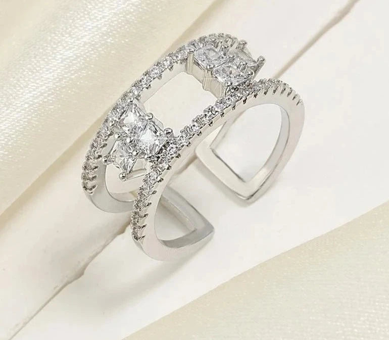 Geometric Double Layer Open Rings for Women Korean Fashion Delicate Inlaid Cubic Zircon Ring