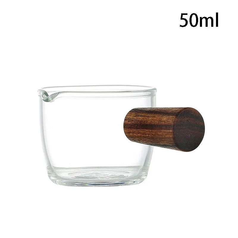 50/75/100/140ml Wood Handle Glass Espresso Measuring Cup Single Mouth Milk Jug Coffee Supplies Clear Kitchen Measure Mug