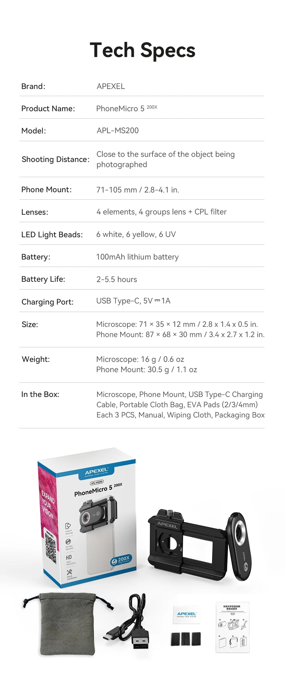 200X Smartphone Microscope Lens with LED Light