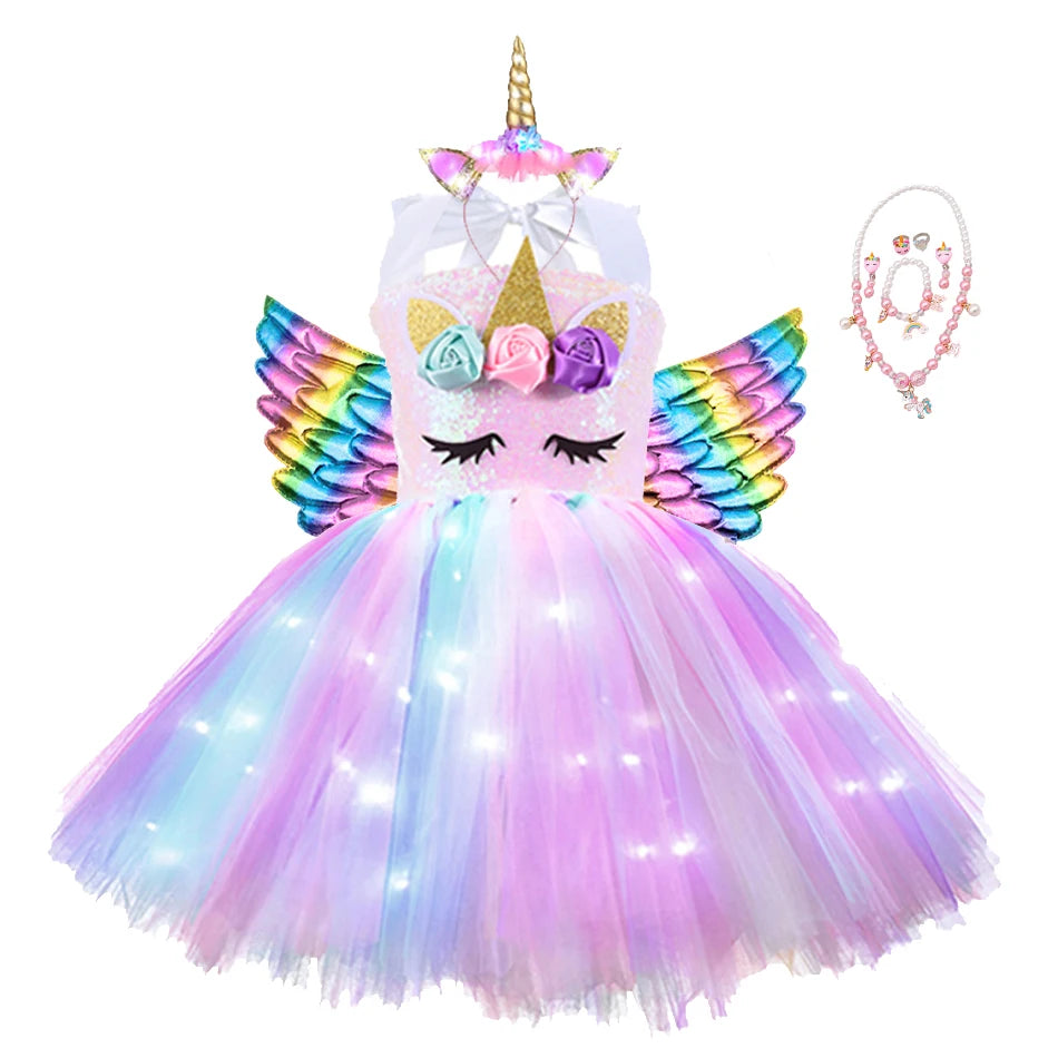 Girl Unicorn Dresses for Girls Tutu Princess Party Dresses with LED Lights Flower Birthday Party Cosplay Costume Girls Clothing