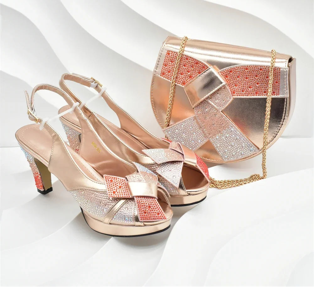 Women Nigerian Italian Shoes and Bags Set Decorated with Rhinestone Peep Toe High Heels Women Pumps for Wedding