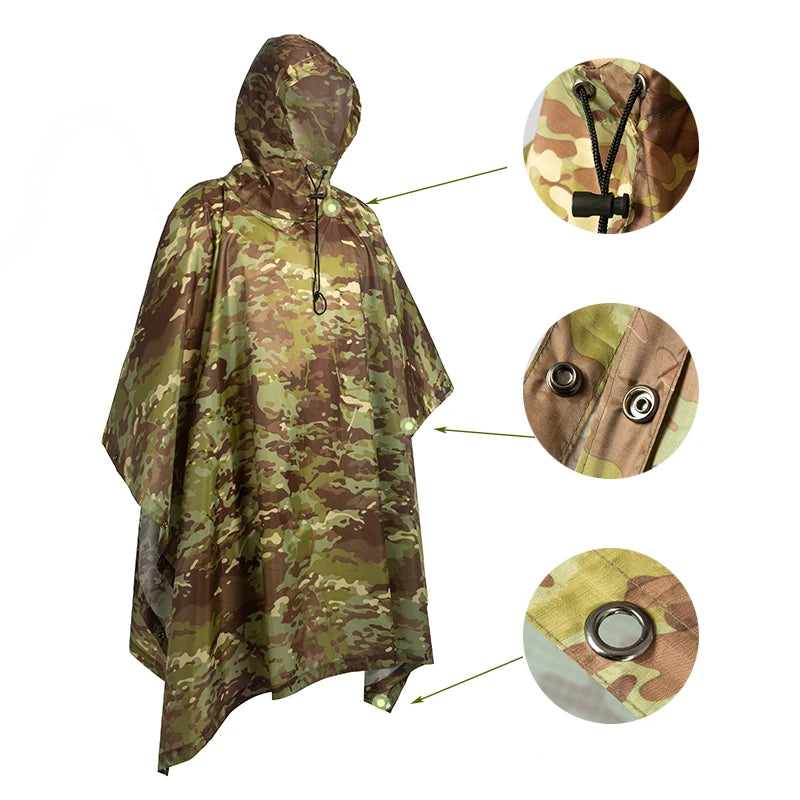 Waterproof Military Style Rain Poncho with Hood for Hiking and Camping