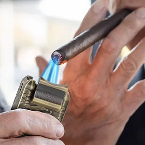 Cigar Lighter, 7-in-1 Cigar Lighter, Dual-Flame Windproof, Built-in Dual Punch, V-Cut, Flat Cut, Cigar Holder (No Butane)