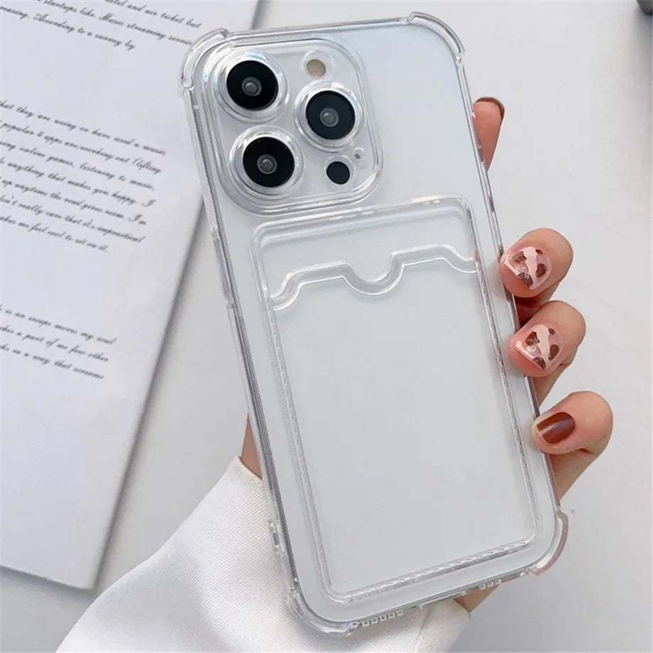Phone Case For iPhone 17 16 15 14 16E Transparent Card Slot Bag Holder Shockproof Wallet Cover