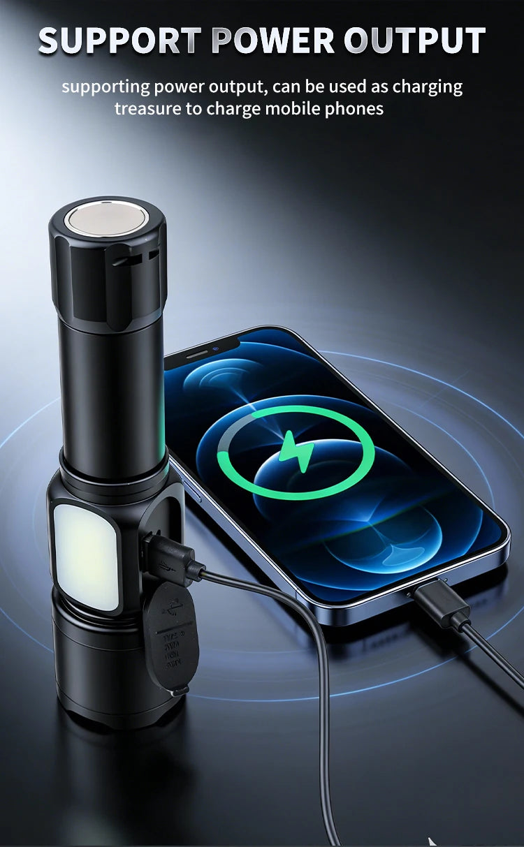 White Laser High Power Rechargeable LED Flashlight with Digital Display Magnet COB Side Light Zoom Torch