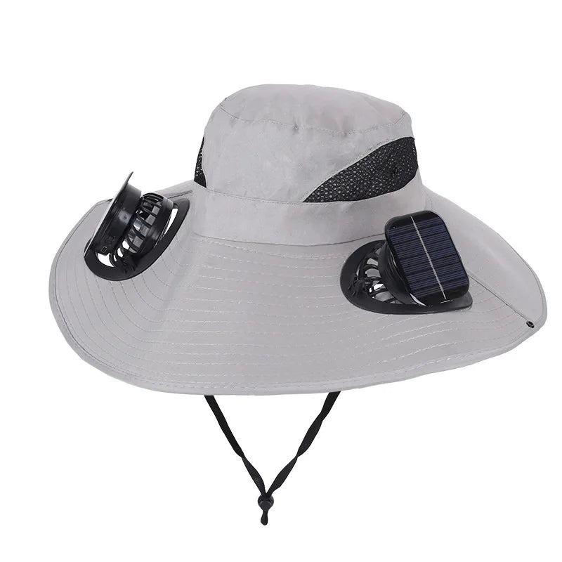 Wide Brim Solar Fan Hat With Dual Fans And USB Charging