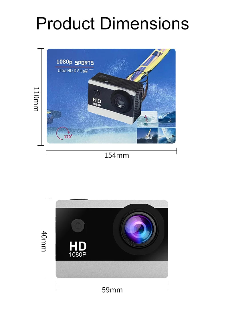 1080P Waterproof Action Camera with 2 Inch IPS Screen 170 Degree Wide Angle Helmet Sports Camera