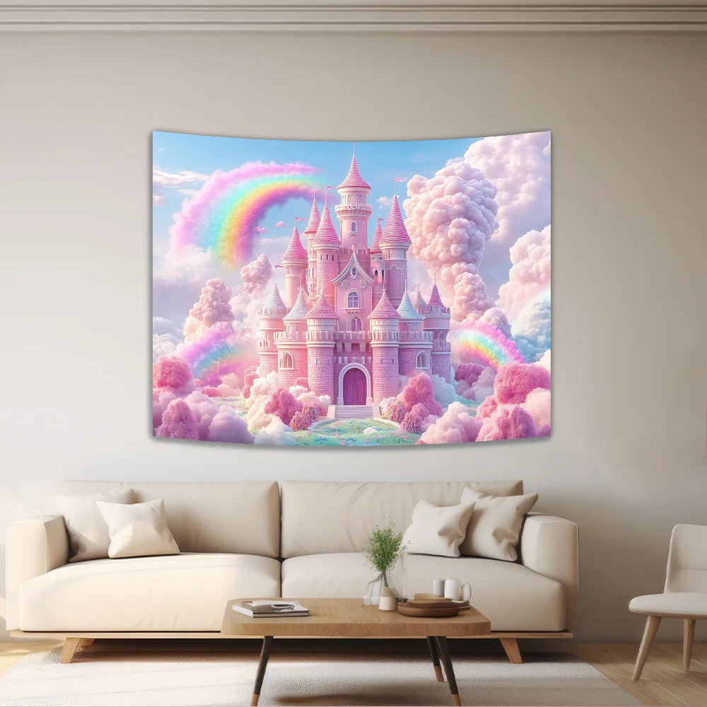 Dream Castle Rainbow Tapestry Children's Room Decor Princess Bedroom Living Room Feature Wall