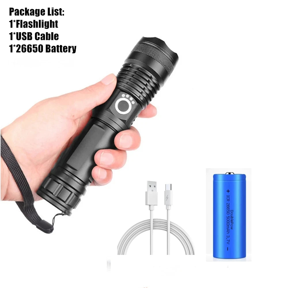 XHP70.2 LED Flashlight Rechargeable Zoom Tactical Torch USB Waterproof Camping Hunting Light