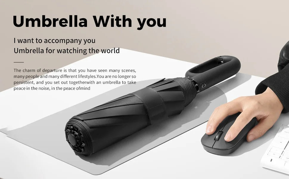 20 Bones Windproof Strong 105CM Reinforced Automatic Folding Umbrella Large Carabiner Handle Wind Resistant Water Resistant UV Protection