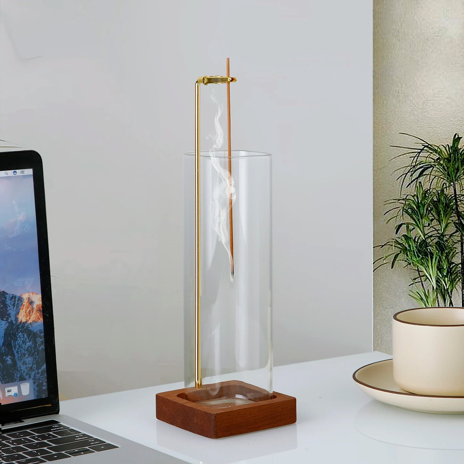 Wooden Incense Holder for Sticks with Glass Ash Catcher Anti-Ash Flying Incense Burner for Yoga Home Decor
