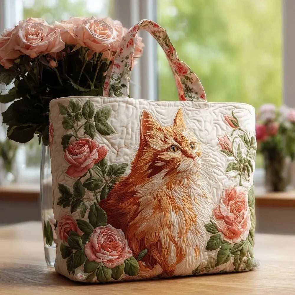 Cat Print Quilted Cotton Tote Bag Large Capacity Travel Shopping Handbag