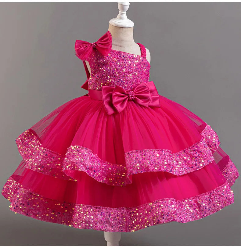 New Girls Sequin Tulle Cake Dress - Sparkling Layered Princess Gown for Baby‘s 1st Birthday & Banquet